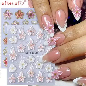 Miếng dán móng tay dập nổi AFTEROF, Đề can nghệ thuật làm móng tay màu trắng kiểu Pháp, Thiết kế cánh hoa Lily thanh lịch Dây vàng chống thấm nước Đề can tự dính móng tay kiểu Pháp Trang trí móng tay
