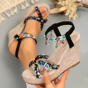 Mũi Tròn Dày Đế Nêm Gót Sandal Nữ Phổ Biến Bện Gai Dây Đàn Hồi Phong Cách Bohemian Giày Cao Gót CRUV