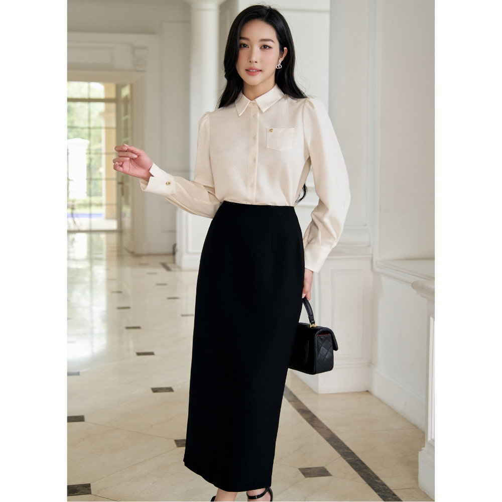 Áo sơ mi nữ ELLA DORA thiết tay bồng form suông túi phối cúc đồng thanh lịch MÀU KEM [SM174]
