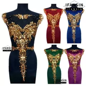 IFASIN - Thêu ren với hoa lớn đính kim sa vàng lấp lánh và miếng dán táo lưới sequin