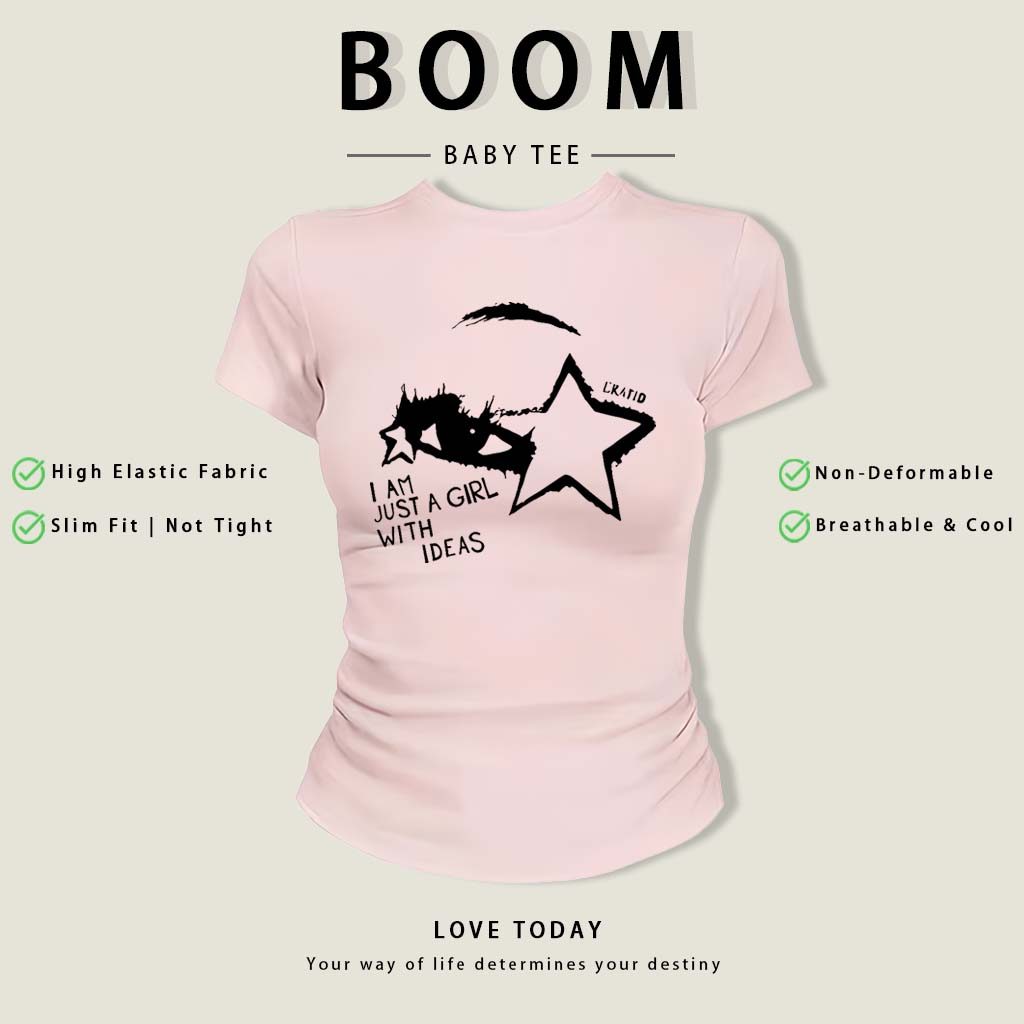 BOOM Áo Baby Tee Nữ Cotton Ôm Body-Áo Thun Ngắn Tay Y2K In Hình PhongCách Mùa Hè, Cổ Tròn Hàng Đầucách hàn quốc phongW23