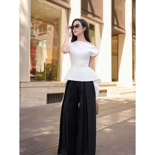 Áo Kiểu Lệch Vai Mix Quần Dài Ống Rộng Xếp Ly HB.Studio