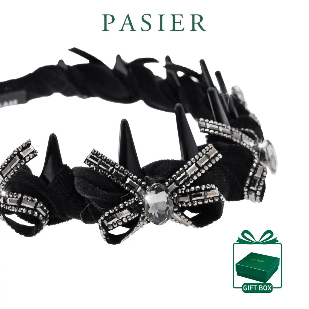 PASIER Black Velvet Crystal Headband, phong cách gothic cổ điển, kèm hộp, FB3085