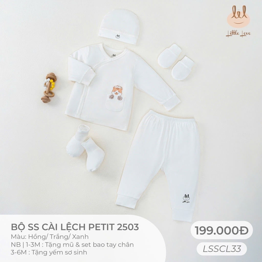 Bộ sơ sinh cài lệch Vải petit { Siêu mềm, mát, mịn, co dãn} Lil Little Love (LSSCL33) TẶNG KÈM MŨ BAO CHÂN, TAY HOẶC Yếm
