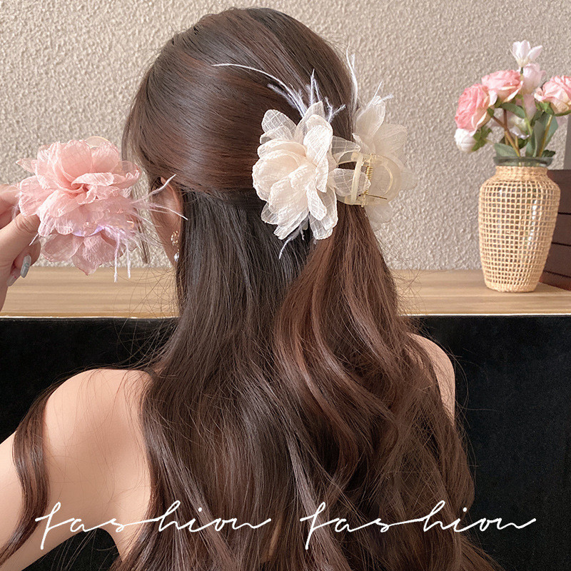Pháp Retro Bán Chạy Hoa Mẫu Đơn Bột Không Khí Voan Hoa Lấy Kẹp Hoa Ngọt Lông Vũ Kẹp Tóc Nữ