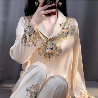 Đồ Bộ Nữ Pijama Bộ Lụa latin Tay Dài cổ sơ mi bigsize (60-80kg) cao cấp lụaPP