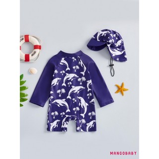 MG-Toddler Baby Rash Guard Đồ bơi Dễ thương In hình cá mập Dây kéo Bộ đồ tắm dài tay có mũ bơi