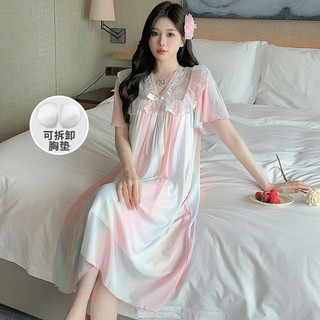 Đầm ngủ mùa hè màu trơn phối ren nơ lưới phong cách công chúa, dài vừa phải mặc nhà dành cho nữ