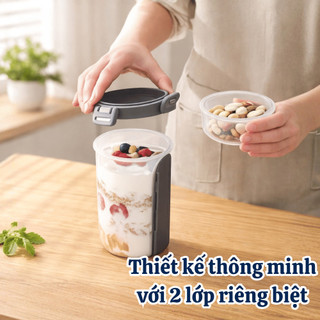 Cốc Đựng Yến Mạch Ngũ Cốc 2 Ngăn 500ML, Hũ Đựng Ngũ Cốc Có Nắp Chống Tràn Kèm Muỗng Mang Đi Tiện Lợi