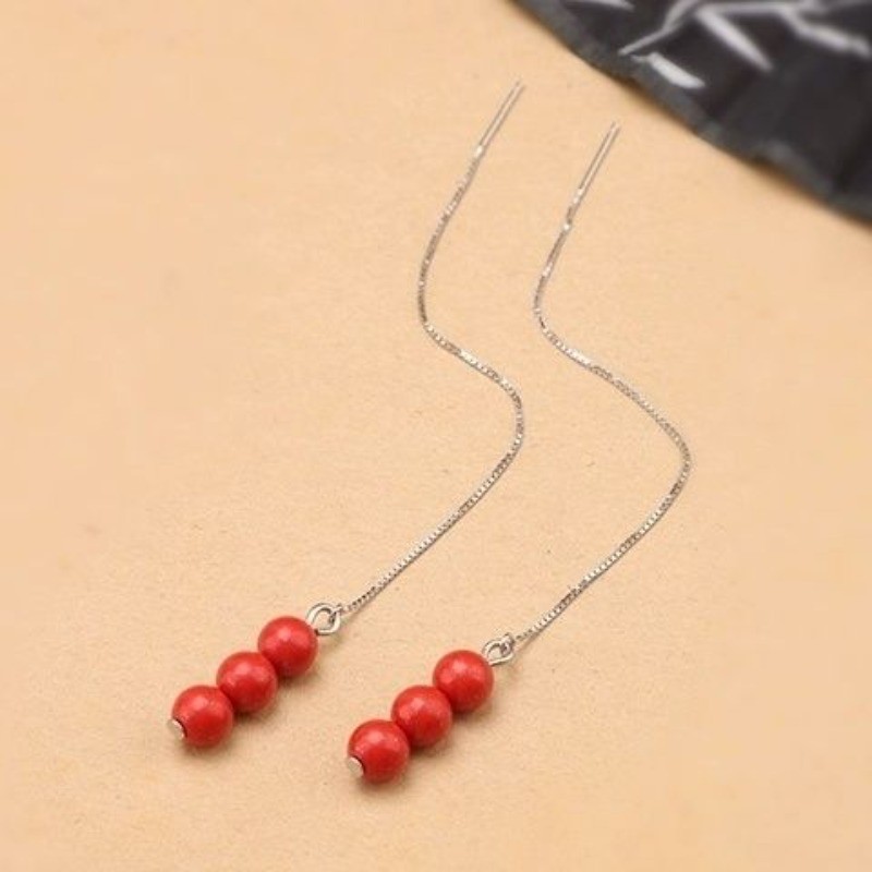 Bông tai cinnabar hạt tròn phong cách dân tộc, xu hướng thời trang