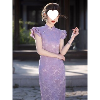 Đầm sườn xám kiểu Trung Hoa màu tím thanh lịch, mẫu mới mùa hè, thích hợp mặc hàng ngày cho Nữ