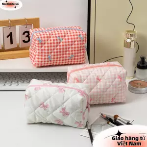 Hộp đựng mỹ phẩm NORDICLIE, Túi trang điểm chần nơ đa chức năng, Túi xách vệ sinh dung tích lớn dành cho nữ