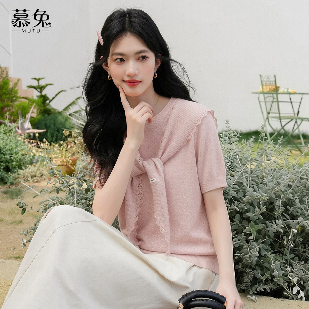 Mutu Ngọt Ngào - Bộ Áo Len Tay Ngắn Và Khăn Choàng Hai Mảnh Màu Hồng, Phong Cách Mới, Phù Hợp Mặc Thường Ngày Mùa Hè