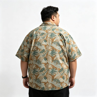Áo sơ mi nam plus size băng lụa tay ngắn họa tiết hoa lá Hawaii, phù hợp đi biển