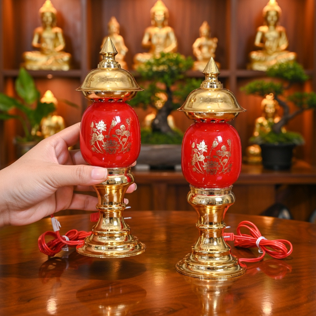 Cặp Đèn Thờ Phú Quý Cắm Điện - Đèn Thờ Bàn Thờ Gia Tiên, Thần Tài, Thờ Phật Cao Cấp | Bóng Trái Ớt, Bầu Thủy Tinh Đỏ