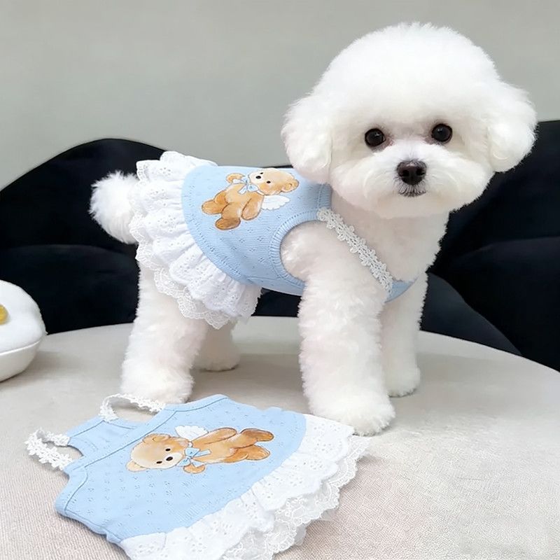 Quần Áo Cho Chó Mùa Xuân Mùa Hè Áo Vest Mỏng In Hình Gấu Váy Ren Quần Áo Thú Cưng