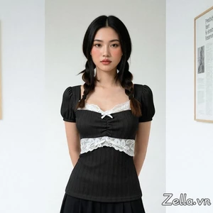 Áo thun nữ mùa hè tay phồng ngắn, cổ sweetheart phối ren, chất liệu mỏng vừa vặn