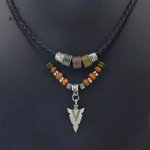 Dây chuyền vintage tribal nam, da nhân tạo đính cườm, mặt đá thời trang