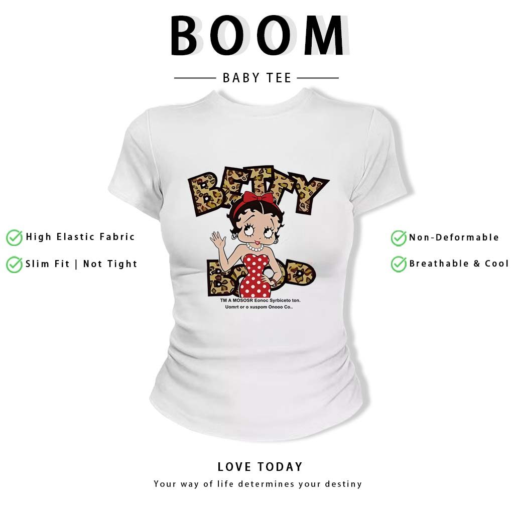 BOOM Áo Baby Tee Nữ Cotton Ôm Body-Áo Thun Ngắn Tay Y2K In Hình PhongCách Mùa Hè, Cổ Tròn Hàng Đầucách hàn quốc phongW31