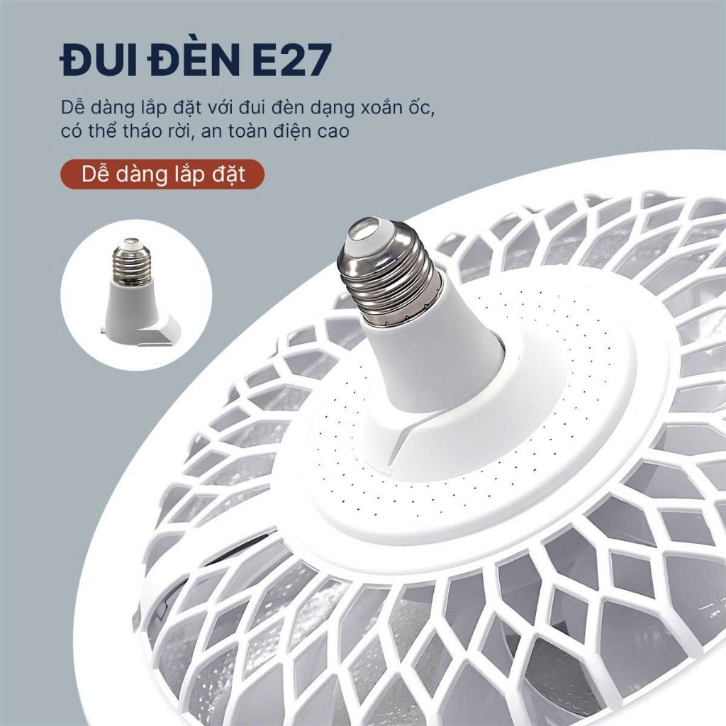 Quạt trần đèn LED 3 chế độ sáng, gắn đuôi E27, có điều khiển từ xa gió mát, ánh sáng dịu, dễ lắp đặt