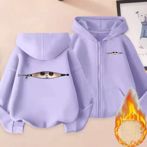 Trẻ Em Mèo Dễ Thương Màu Xám Hoạt Hình Zip Up Áo Lông Cừu Lót Áo Khoác Ấm Có Mũ Trùm Đầu Cho Mùa Mát