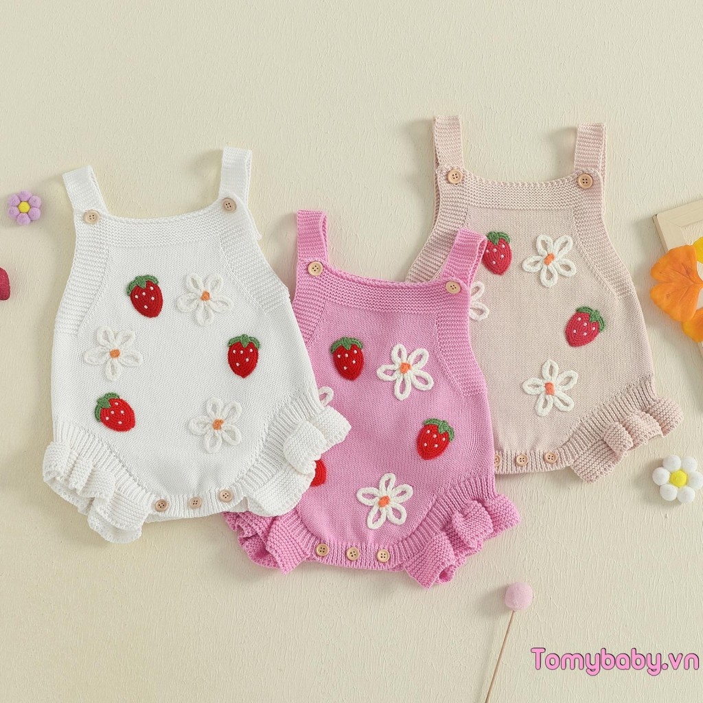 Bé Gái Đan Áo Liền Quần Móc Hoa Dâu Tây Không Tay Cổ Vuông Jumpsuit