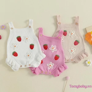 Bé Gái Đan Áo Liền Quần Móc Hoa Dâu Tây Không Tay Cổ Vuông Jumpsuit