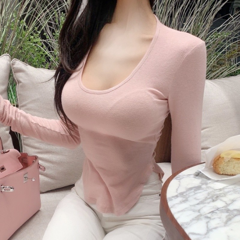 Áo Croptop Tay Dài Cổ U Màu Trơn Kiểu Hàn Quốc, Thiết Kế Độc Đáo Quyến Rũ