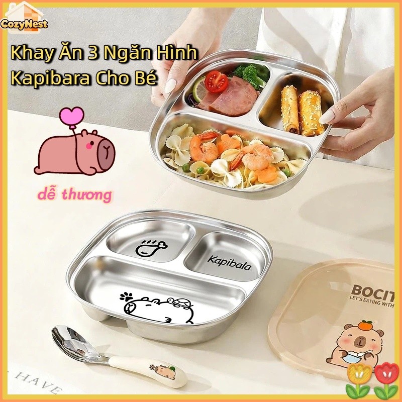 Khay Ăn 3 Ngăn Hình Kapibara Inox 304 Cho Bé ,Tặng Thìa An Toàn, Chống Đổ, Tiện Dụng Đi Học