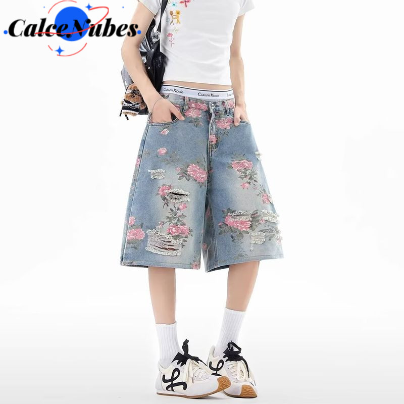 Quần short CN Denim Quần short thẳng lỗ rộng của Mỹ