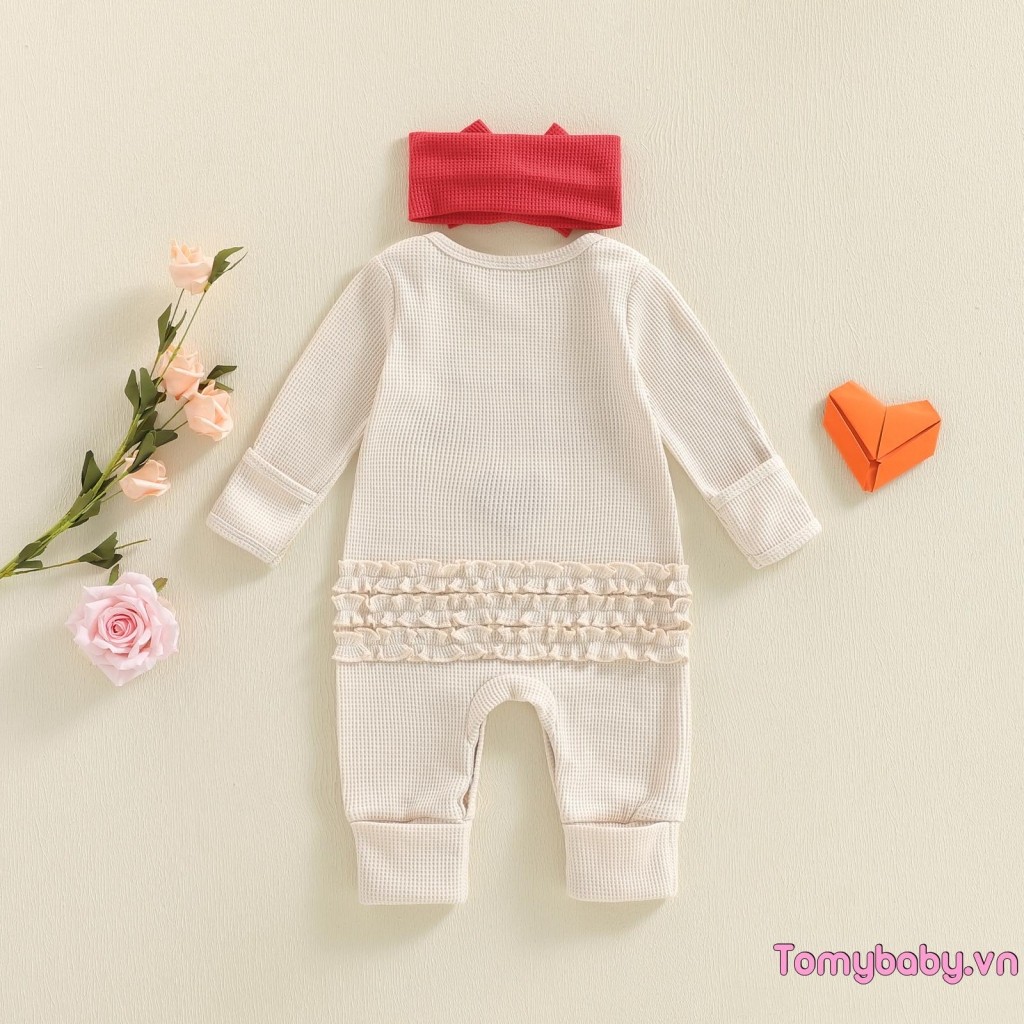 Bé Gái Mùa Thu Ngày Lễ Tình Nhân Dài Tay Chữ In Hình Trái Tim Áo liền quần Có Dây Đeo Đầu Nơ