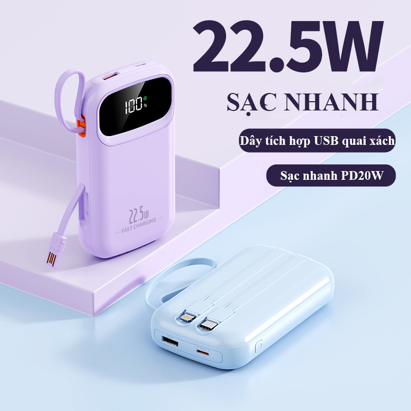 Sạc Dự Phòng 30.000mAh PD 22.5W - Kèm Cáp Sạc & Tay Cầm - Thiết Kế Hiện Đại, Màn Hình LED Thông Minh