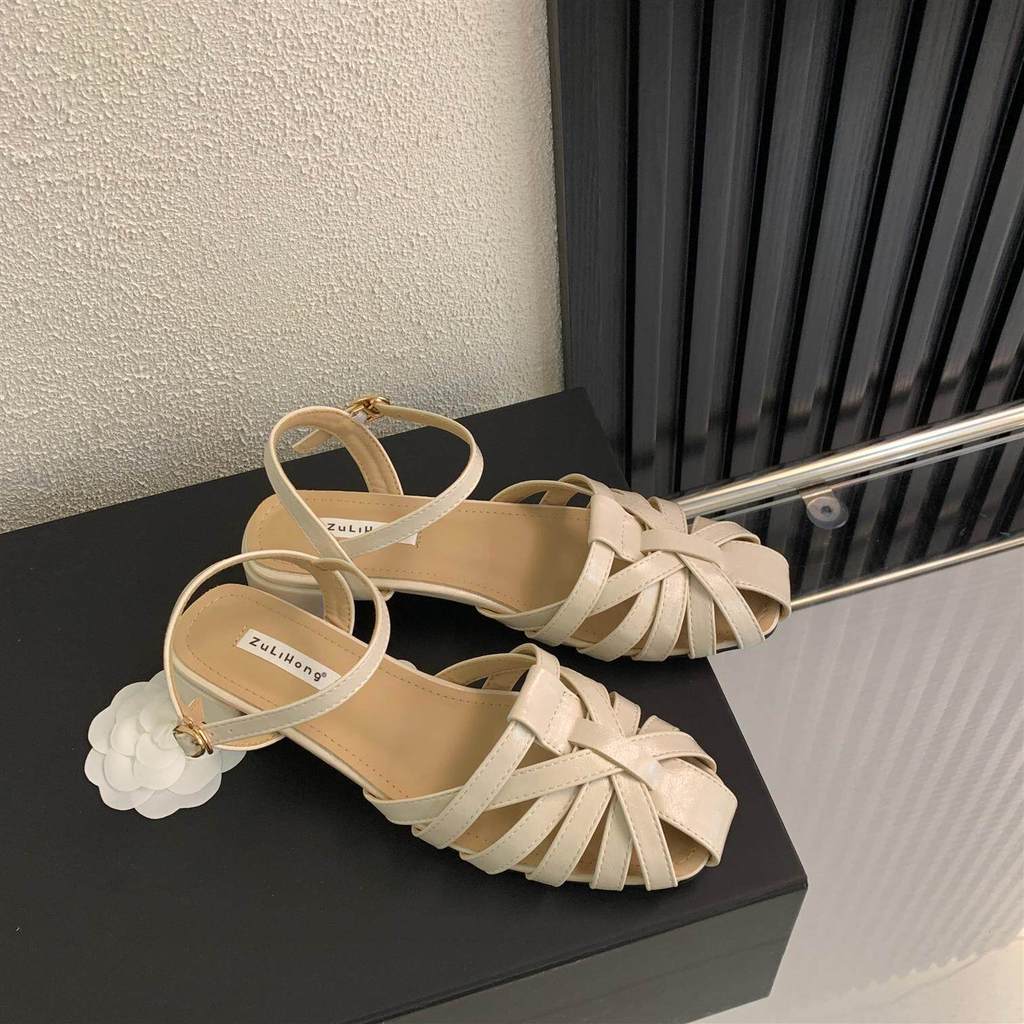 Giày Sandal Dệt TT Gót Dày Rỗng Đế La Mã Giày Nữ Da Thật Thời Trang