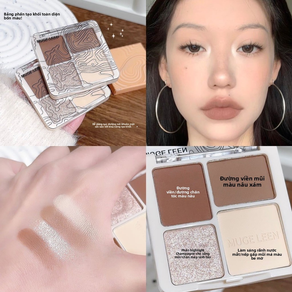 Palette Tạo Khối & Đánh Sáng 4 Màu MUGELEEN - Phấn Lì & Lấp Lánh, Đa Năng Cho Mọi Bước Trang Điểm