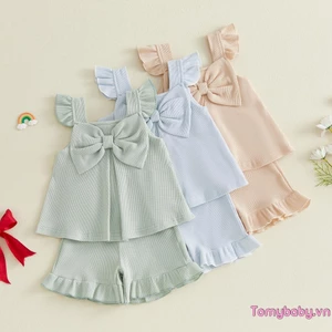 Bộ trang phục 2 món cho bé gái Áo cổ vuông màu trơn + Quần short
