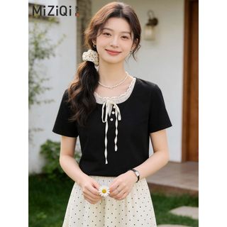 【MIZIQI】Áo thun ngắn tay hai mảnh giả cotton nguyên chất dành cho nữ, crop top viền ren