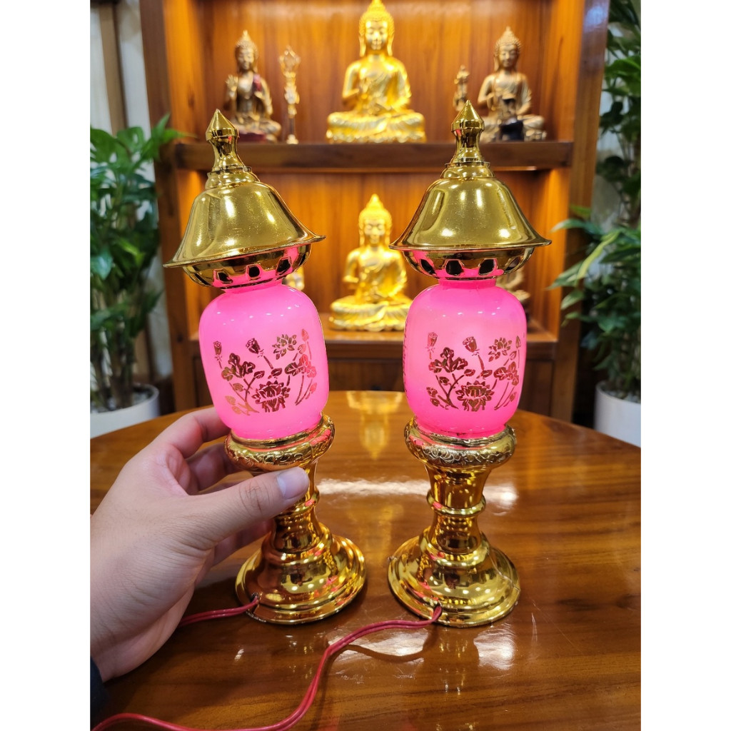 Cặp Đèn Thờ Phú Quý Cắm Điện - Đèn Thờ Bàn Thờ Gia Tiên, Thần Tài, Thờ Phật Cao Cấp | Bóng Trái Ớt, Bầu Thủy Tinh Đỏ
