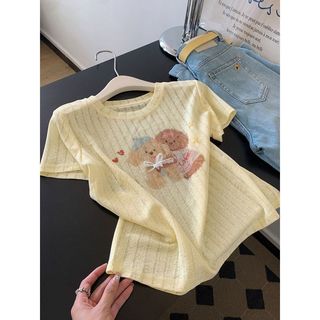 Plus Size Top Nữ Vàng Tay Ngắn Top Dopamine Cổ Tròn In Hình Áo Thun Nữ Ngắn Top Mùa Hè Mỏng Nhẹ Sang Trọng Cao Cấp Cảm Giác 2026 Áo Ngắn Plus