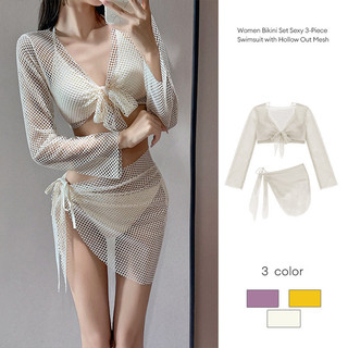 Bộ bikini nữ gợi cảm 3 mảnh, thích hợp cho nghỉ dưỡng suối nước nóng, thiết kế lưới khoét hở, đi biển.