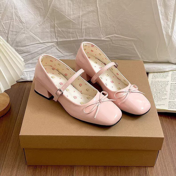 Phong Cách Hàn Quốc Mũi Tròn Màu Trơn Gót Dày Đế Dày Dây Đeo Khóa Phẳng Mary Jane Giày PU Cổ Tích Phong Cách Cao Gót Nhà Máy Giá Bán Buôn