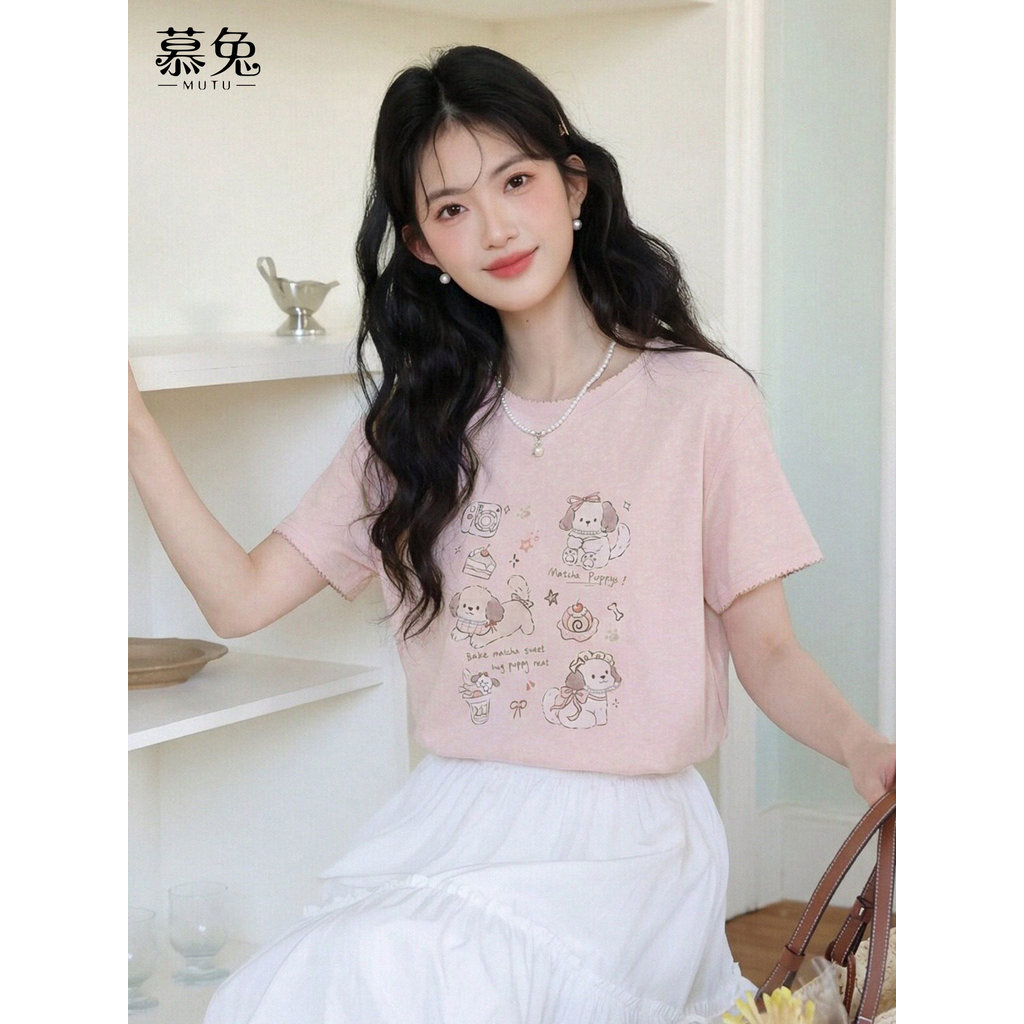 Mutu Áo Thun Nữ Mùa Hè Hình Sweet Pink Puppy Cổ Tròn Tay Ngắn