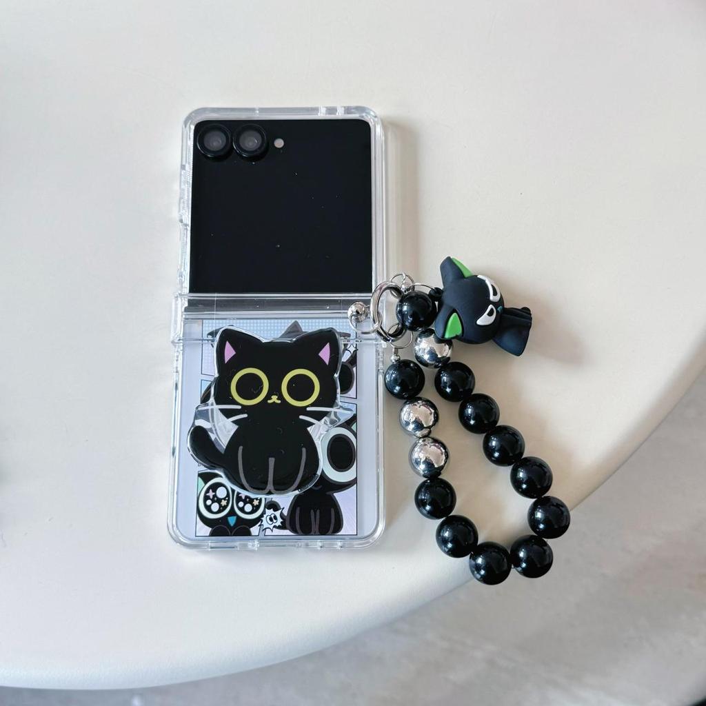 Phim Hoạt Hình Mèo Đen Dễ Thương Giá Đỡ Ốp Lưng Điện Thoại Thích Hợp Cho Samsung Galaxy ZFlip7 zflip6 Dây Gấp Vỏ Cứng Cho Z Flip 7 6 5 4 3 5G Vỏ Bảo Vệ