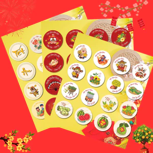 50 sticker, miếng dán TẾT hình tròn, tem niêm phong bao bì quà tặng,CHÚC MỪNG NĂM MỚI