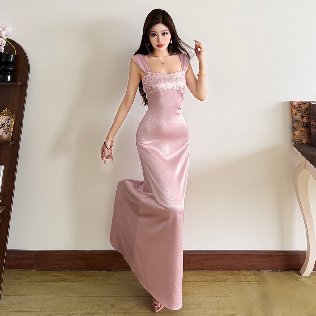 Klalien Thanh Lịch Vintage Sling Quấn Ngực Đầm Maxi Skinny Chia Thoải Mái Nữ Mùa Hè Phong Cách Pháp