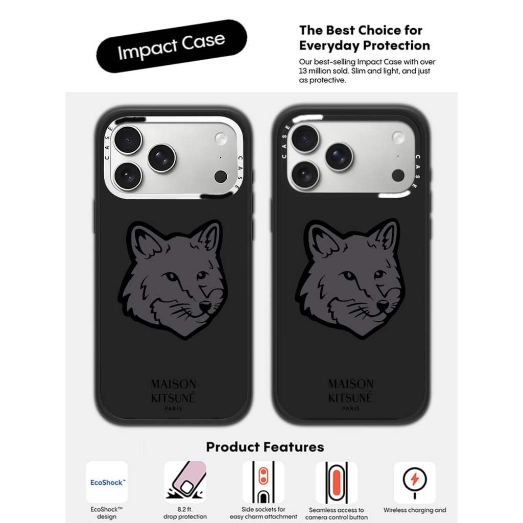 CASECASE X Maison Kitsune Fox Black Case Phiên bản vòng máy ảnh màu đen mờ cứng hút từ tính Vỏ tác động cho Apple IPhone 13 14 15 16 17 Pro Max Air Plus có hộp
