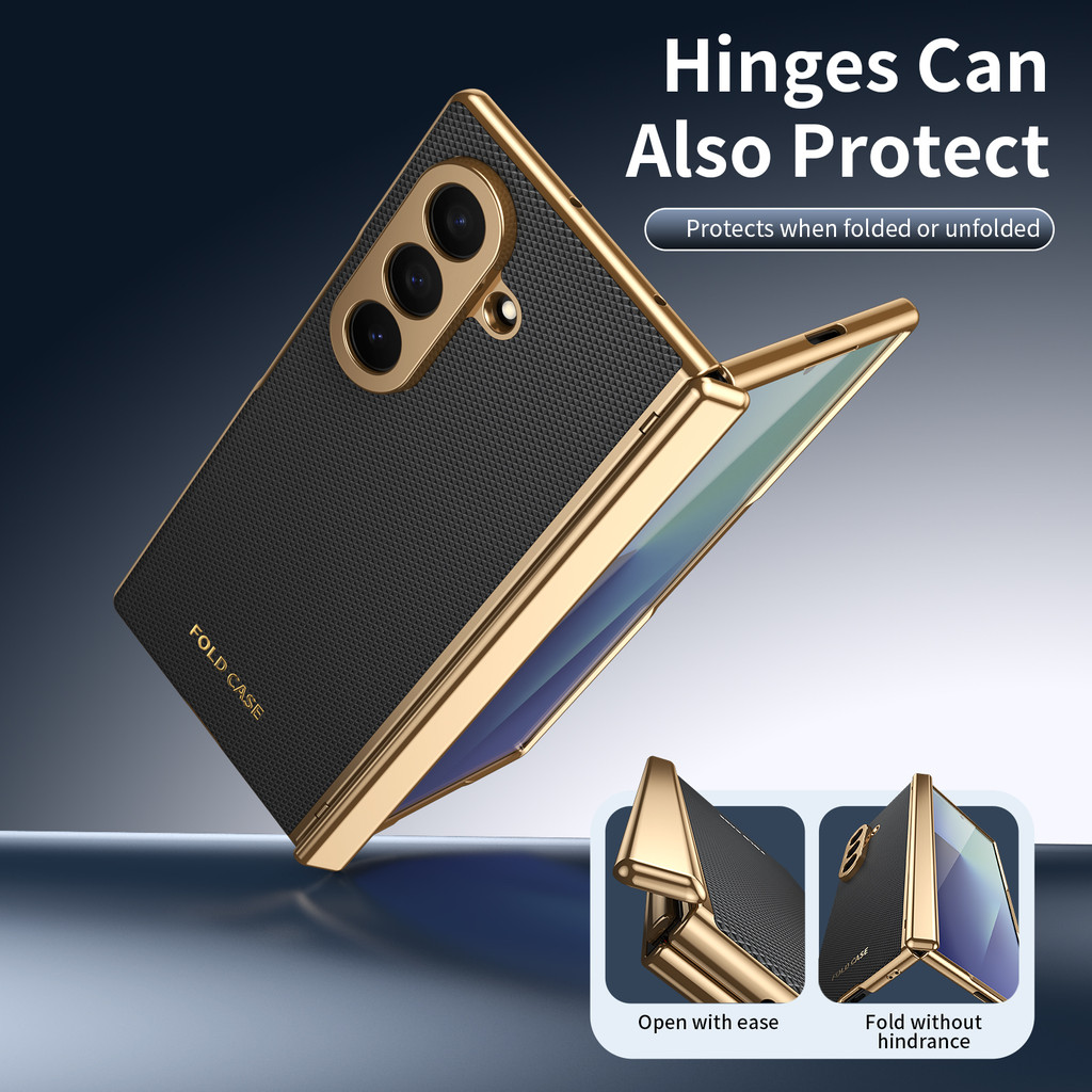 Ốp điện thoại viền vàng da có màng thép cho Samsung Galaxy Z Fold 7 6 5 4 3 Fold6 Bản lề Bảo vệ chống sốc