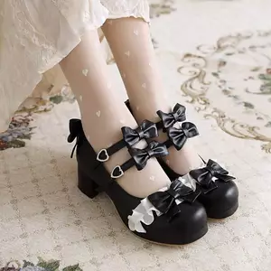 VNGT34-43 Kích Thước Lớn Đôi Hàng Phẳng Khóa Nơ Ren Khâu Nông Miệng Dày Gót Gothic COS Dây Lưng Mary Jane Giày