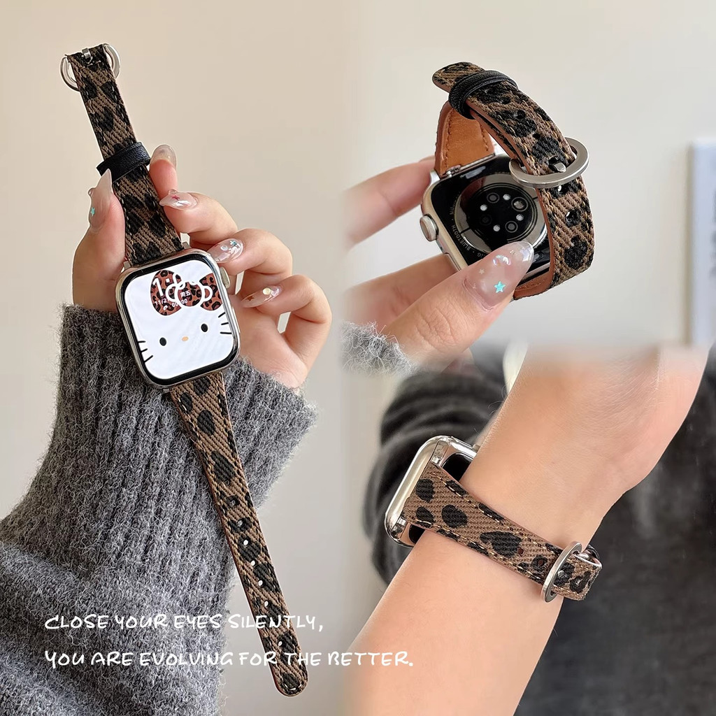Da Báo In Dây Da denim Cho Apple Watch 44mm 40 45 41 49 46 42 38 mm Vòng Tay Series 11 10 9 8 SE 7 6 5 4 3 Dây Đeo