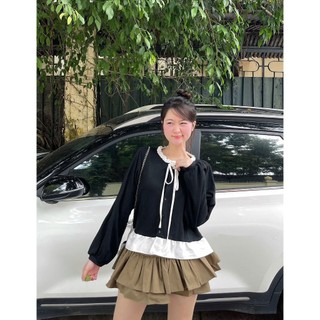 Áo đen tay dài cổ viền bèo trắng phối nơ tiểu thư dáng rộng vintage nhẹ nhàng