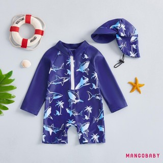 MG-Toddler Baby Rash Guard Đồ bơi Dễ thương In hình cá mập Dây kéo Bộ đồ tắm dài tay có mũ bơi